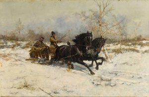 Winter landscape with a Horse Drawn Carriage by Antoni Piotrowski Oil Painting