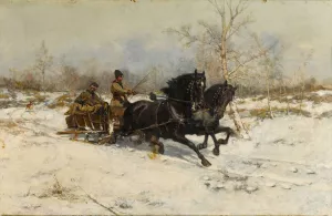 Winter landscape with a Horse Drawn Carriage by Antoni Piotrowski Oil Painting