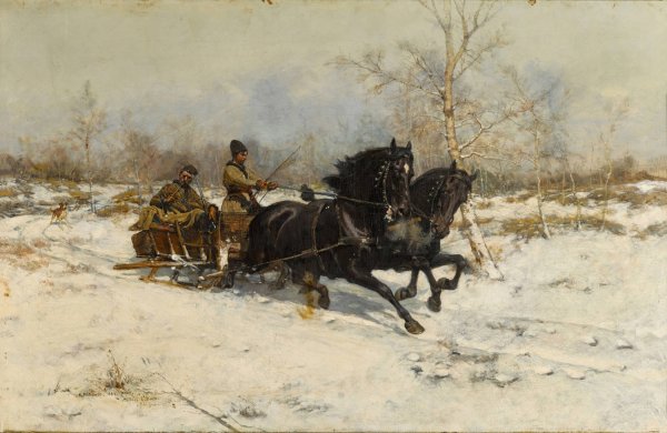 Winter landscape with a Horse Drawn Carriage  by Antoni Piotrowski - Hand-Painted Oil Painting Reproduction