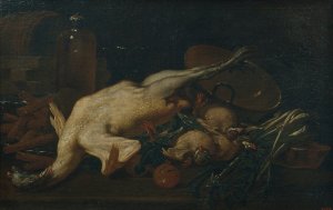 Still Life with Vegetables, Turkey, other Fowl and Wafers by Antoni Viladomat Oil Painting