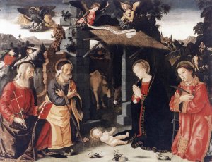 Nativity with Sts Lawrence and Andrew Oil painting by Antoniazzo Romano
