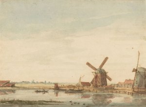 Windmills on a Canal by Antonie Erkelens Oil Painting