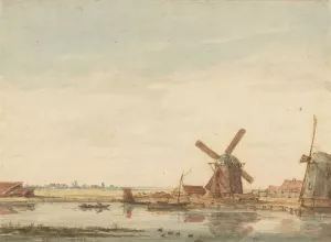 Windmills on a Canal by Antonie Erkelens Oil Painting