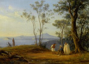 A Painter at Work in an Italianate Coastal Landscape Oil painting by Antonie Sminck Pitloo