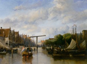 A Busy Canal in a Dutch Town
