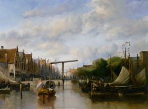 A Busy Canal in a Dutch Town Oil painting by Antonie Waldorp