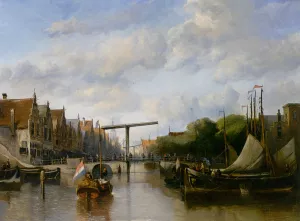 A Busy Canal in a Dutch Town by Antonie Waldorp - Oil Painting Reproduction