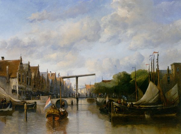 Main Product Photo of A Busy Canal in a Dutch Town Painting by Antonie Waldorp