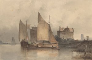 Riviergezicht met een zeilschip by Antonie Waldorp Oil Painting