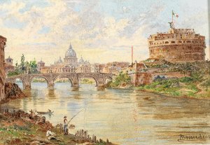 A View of Rome with Castel Sant'Angelo, Ponte Sant'Angelo and St Peter's Basilica in the Background by Antonietta Brandeis Oil Painting