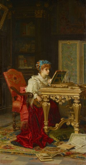 A Lady Making Music by Antonio Barzaghi-Cattaneo Oil Painting