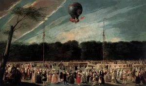 Ascent of the Monsieur Boucle's Montgolfier Balloon in the Gardens of Aranjuez Oil painting by Antonio Carnicero y Mancio