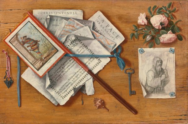 Main Product Photo of Trompe L'oeil Still Life With Letters And Other Objects On A Board Painting by Antonio Cioci