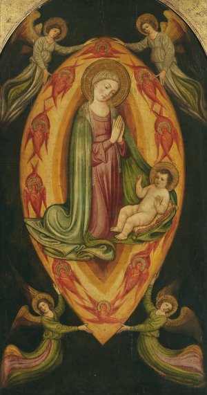 The Madonna and Child in a mandorla with angels and cherubim by Antonio Di Maso Oil Painting