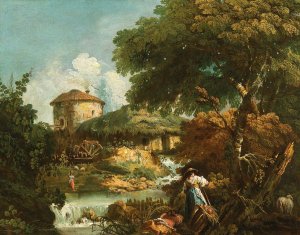 A river landscape with figures, a watermill beyond by Antonio Diziani Oil Painting