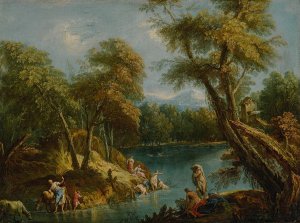 A wooded landscape with figures and animals by a lake by Antonio Diziani Oil Painting