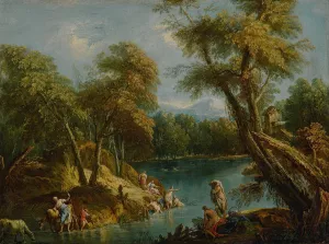A wooded landscape with figures and animals by a lake by Antonio Diziani Oil Painting