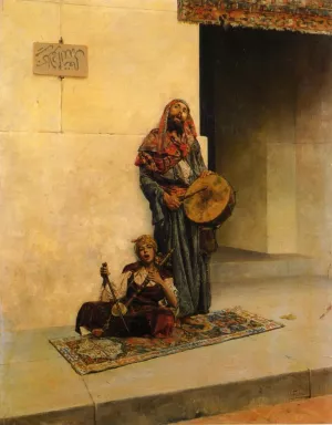 Street Musicians in a Middle Eastern Town by Antonio Fabres y Costa Oil Painting