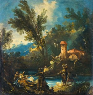 A wooded river landscape with figures by Antonio Francesco Peruzzini Oil Painting