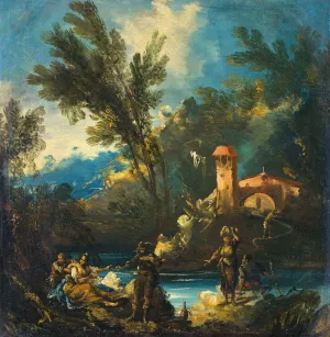 A wooded river landscape with figures by Antonio Francesco Peruzzini Oil Painting