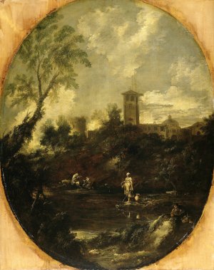 Landscape with Monks, Pilgrim and Peasant Woman by Antonio Francesco Peruzzini Oil Painting