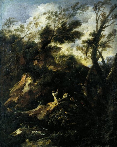 Landscape with Two Praying Monks  by Antonio Francesco Peruzzini - Hand-Painted Oil Painting Reproduction
