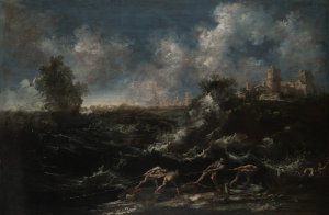 Seascape with Fisherman Pulling out Nets by Antonio Francesco Peruzzini Oil Painting