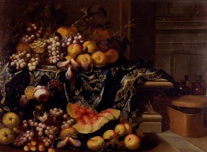 A Landscape with a Still Life of a Melon, Watermelon, Peaches, Grapes, a Pomegranate, Cherries and Roses