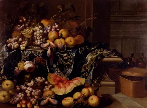A Landscape with a Still Life of a Melon, Watermelon, Peaches, Grapes, a Pomegranate, Cherries and Roses