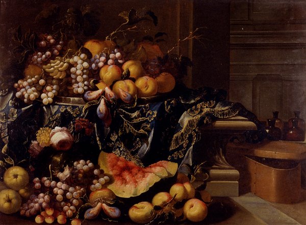Main Product Photo of A Landscape with a Still Life of a Melon, Watermelon, Peaches, Grapes, a Pomegranate, Cherries and Roses Painting by Antonio Gianlisi The Younger