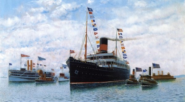 Main Product Photo of Steamship Oscar II Entering New York Harbor Painting by Antonio Jacobsen