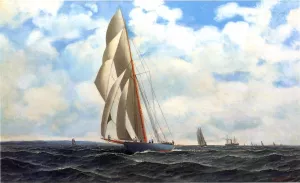 The Yacht Defender, on a Leeward Reach by Sandy Hook by Antonio Jacobsen - Oil Painting Reproduction