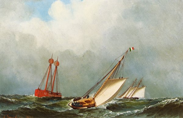 Main Product Photo of Vision and Dauntless off Sandy Hook Lightship Painting by Antonio Jacobsen
