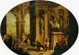 A Capriccio of a Classical Palace with Alexander at the Tomb of Achilles by Antonio Joli - Oil Painting Reproduction