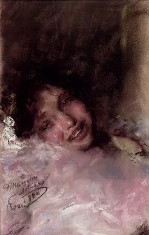 A Young Girl Laughing by Antonio Mancini Oil Painting