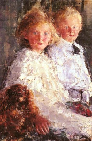 Portrait of Elizabeth and Charles Williamson with Their Pet Dog by Antonio Mancini Oil Painting