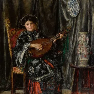 Suonatrice Di Mandola, Liutista by Antonio Mancini Oil Painting