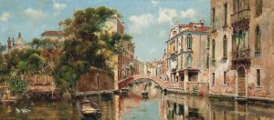 A Gondolier before a Venetian Bridge by Antonio Maria De Reyna Manescau Oil Painting