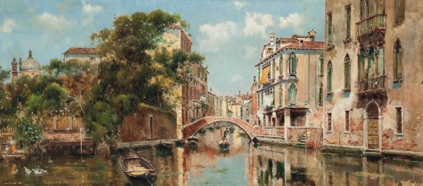 Main Product Photo of A Gondolier before a Venetian Bridge Painting by Antonio Maria De Reyna Manescau