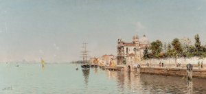 A Venetian waterfront by Antonio Maria De Reyna Manescau Oil Painting