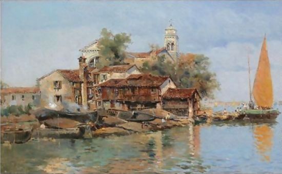 Boathouse in Venice by Antonio Maria De Reyna - Hand-Painted Oil Painting Reproduction