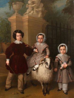 Children playing with a ram by Antonio Maria Esquivel Oil Painting