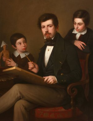 Self-portrait with his sons Carlos and Vicente by Antonio Maria Esquivel Oil Painting