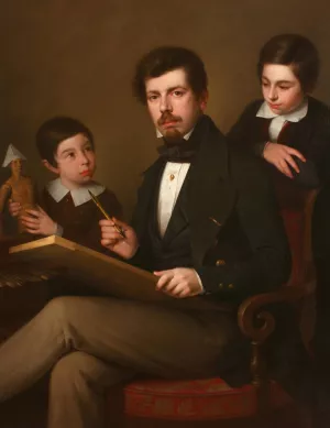 Self-portrait with his sons Carlos and Vicente by Antonio Maria Esquivel Oil Painting