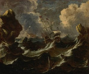 Frigates in a storm off a rocky coast by Antonio Marini Oil Painting