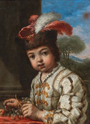 A Boy, Half-Length, Holding Grapes, A Landscape Beyond by Antonio Mercurio Amorosi Oil Painting