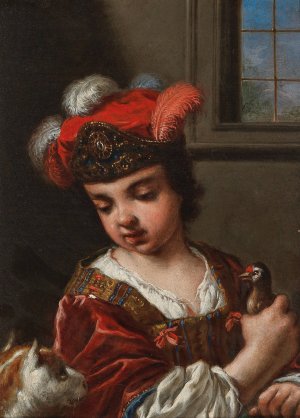 A Girl, Half-Length, Holding A Bird, With A Cat In The Foreground by Antonio Mercurio Amorosi Oil Painting