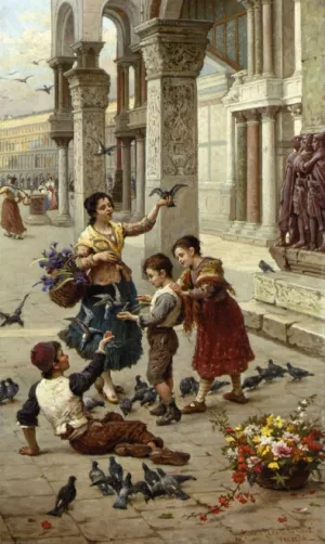 Feeding the Pigeons at Piazza St. Marco, Venice by Antonio Paoletti - Oil Painting Reproduction