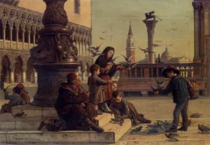 Feeding The Pigeons by Antonio Paoletti Oil Painting