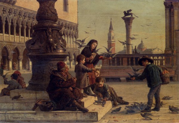 Main Product Photo of Feeding The Pigeons Painting by Antonio Paoletti